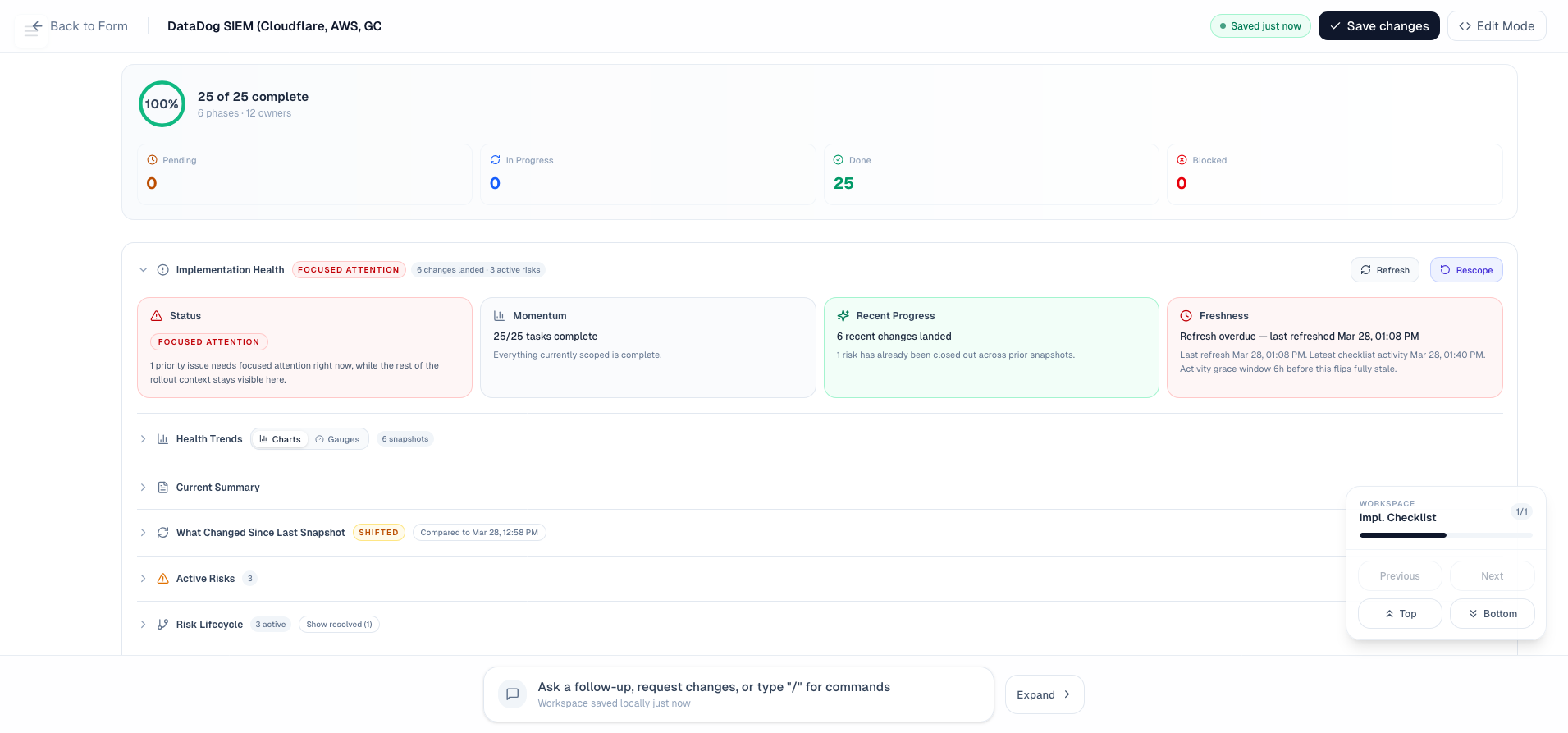 Panaptico implementation checklist with blocked items, dependencies, and evidence tracking
