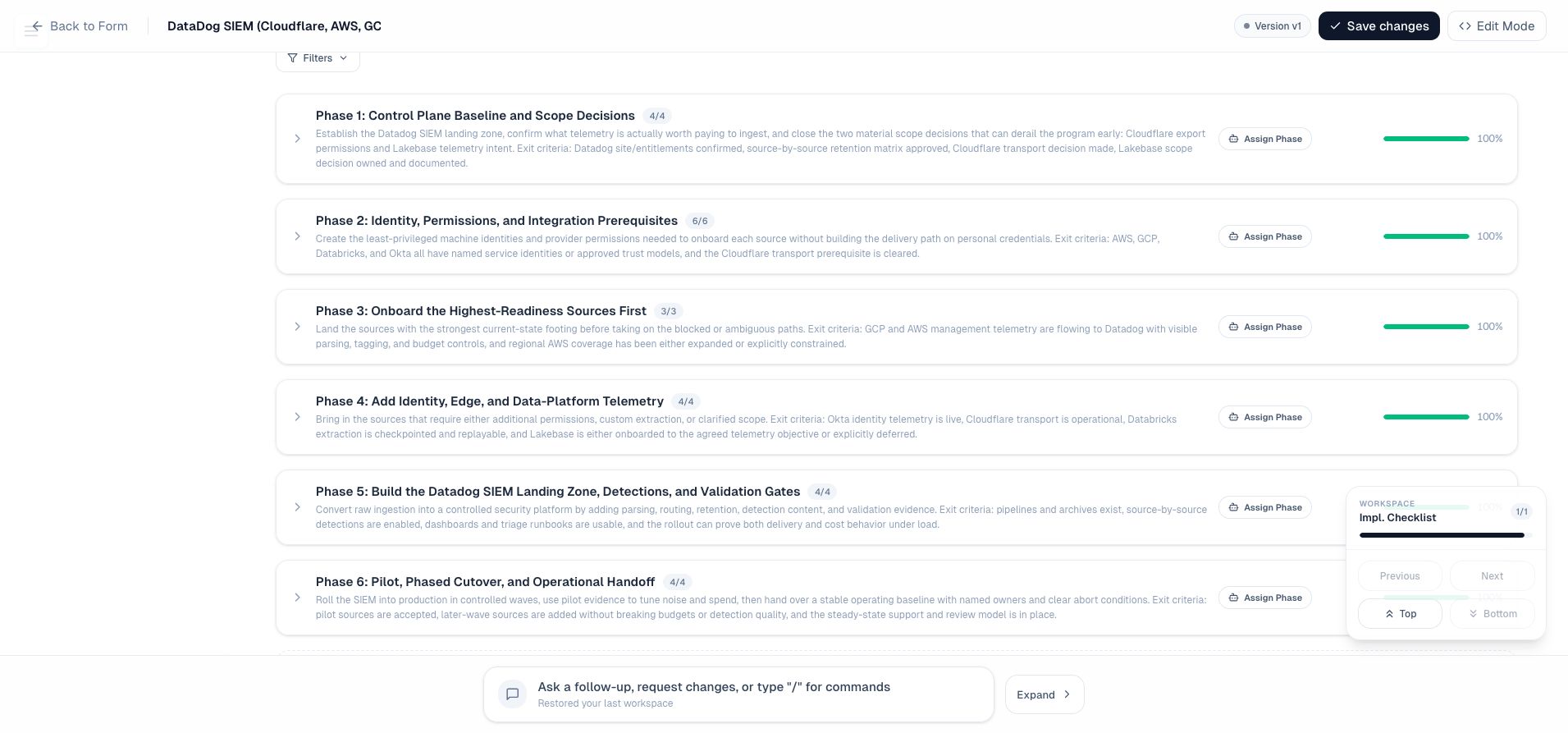 Panaptico phased implementation checklist with 6 phases, progress bars, and exit criteria for a Datadog SIEM rollout